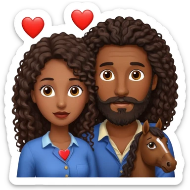pareja de Mujer morena rizada cabello largo castaño ojos oscuros y hombre piel blanca con caballo oscuro con barba y ojos marron alrededor de la pareja corazones sticker