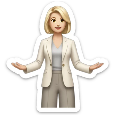 Full height Actively gesturing with hands pale skin woman with ash blonde Straightened bob Hair, White Spacious classical jacket, beige palazzo Arrow pants and gray blouse sticker