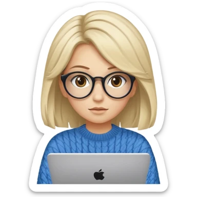 ragazza bionda con capelli molto lunghi, con occhiali tartarugati, occhi azzurri, con maglione beige, seduti alla scrivania che lavora al pc sticker