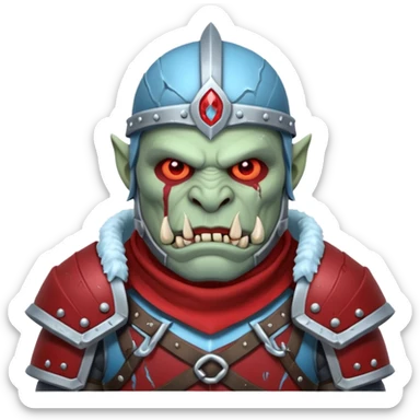 Fantasy Christmas orc legion soldier icon, iron tundra army theme, heavy winter armor, disciplined brutal look, cold steel armor cracked with frozen crimson lines, bloodfrost effect, icy blue and dark red color palette, minimal clean emoji style sticker