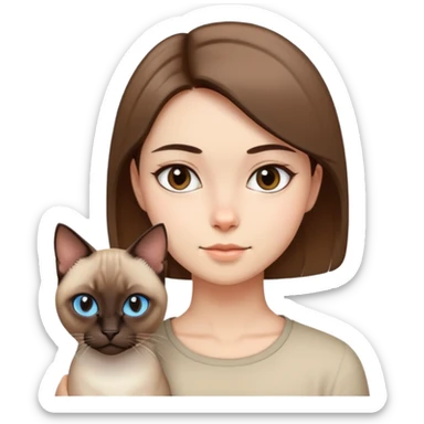 a  girl with brown  straight Short hair and Siamese cat. sticker