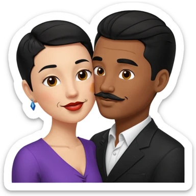 white man, black hair, slicked back, mustache kissing black woman with short black hair emoji sticker
