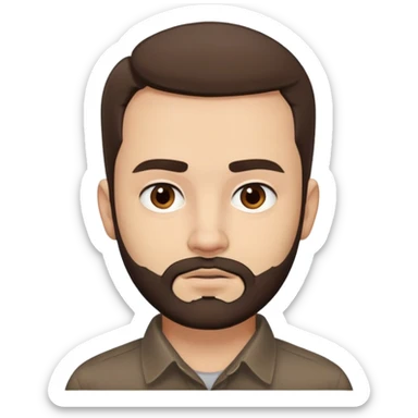 Close-up of René Monclova with light skin tone, round face, broad cheekbones. Lively dark brown eyes, thick straight eyebrows. Short messy brown hair with slight receding hairline. Untidy brown beard covering jaw. Wearing a dark collared shirt. sticker