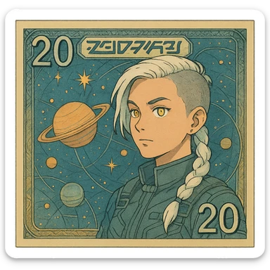 a banknote bill. full frame close up of a "20 crisp" banknote. futuristic, cyberpunk. stellar and planetary style designs adorn the bill. the face pictures is a woman in her 20's, gold yellow eyes, white hair in a single long braid, side of head shaved. she wears a military flight bdu sticker