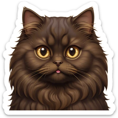 Cinematic Adorable Big-Eyed Fluffy Dark Brown Persian Cat Portrait Emoji, Head tilted playfully with a sweet expression, fluffy dark brown fur with rich caramel and gold undertones, Simplified yet irresistibly cute features with large, expressive eyes, highly detailed, glowing with a warm and gentle glow, high shine, a mix of affectionate and curious, stylized with a touch of whimsy, bright and full of charm, soft glowing outline, capturing the essence of a fluffy, loving kitty with oversized eyes, so endearing it feels like it could leap out of the screen and cuddle with you instantly! sticker