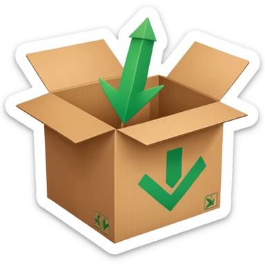 closed cardboard box with a circular arrow and a green checkmark inside the arrow, positioned above the box in the upper right corner sticker