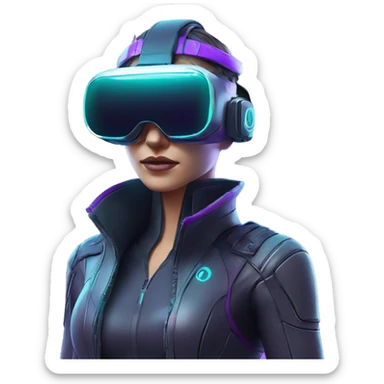 Secret human agent in a futuristic hat with in Apple VR goggles headset code display on the goggles , cyberpunk, cyan and purple colors, only upper body portrait, front facing the camera  sticker