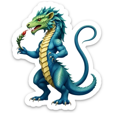 Mušḫuššu, blue scaled serpentine body, lion mane, front lion forelegs, back eagle hind legs, long neck, horned dragon head, lizard tail, snake tongue, no wings, ancient, divine sticker