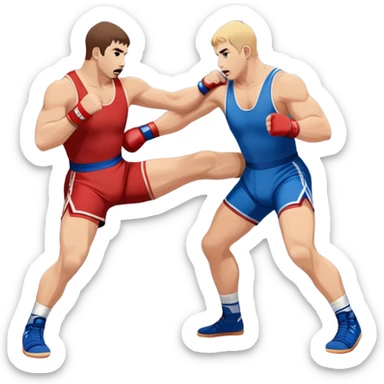Two Sambo fighters in blue and red gis with shorts and wrestling shoes, executing gripping and throwing techniques. The fighters are engaged in a dynamic, action-packed moment with no strikes. The background features a wrestling mat, focusing on the technique and control. Transparent background  sticker