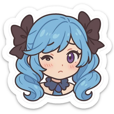 Gwen from League of Legends, chibi emote style, only head visible, right eye purple, shy expression, cute and expressive sticker