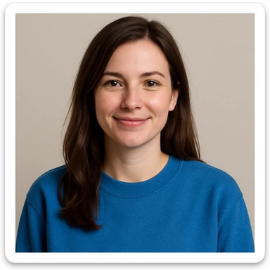 white female with brown hair wearing a blue sweatshirt, upper body, friendly expression, neutral background sticker