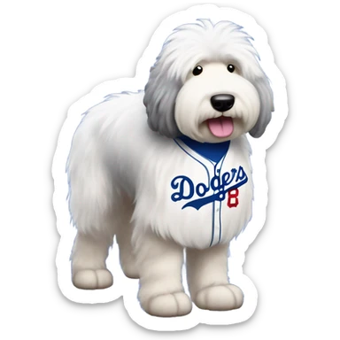Old English Sheepdog full height wearing a Los Angeles dodgers baseball jersey sticker