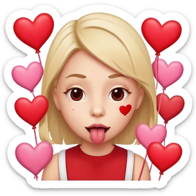 A cross eyed person with their tongue out far with Valentine’s Day decor/hearts around sticker