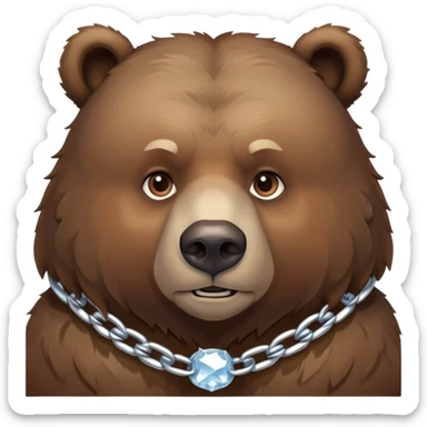 Serious-looking natural brown bear on four paws with stern face, simple ice chain around neck, realistic features sticker