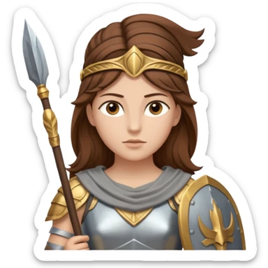 brown haired Athena the Greek goddess of disciplined, strategic warfare, calm, commanding figure leading with intelligence not force. wears light armour carries a spear, symbolising protection precise judgement. strategy, not aggression, embodying clarity, foresight and decisive action. sticker