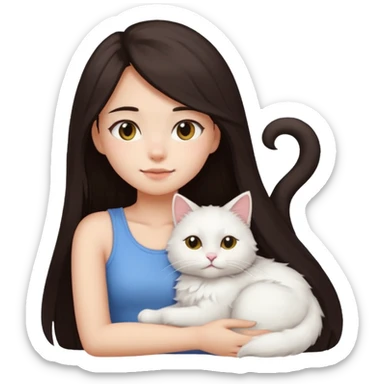 a girl with long dark hair and a white fluffy cat lying on her left shoulder and neck, emoji style, suitable for Discord and Slack sharing sticker