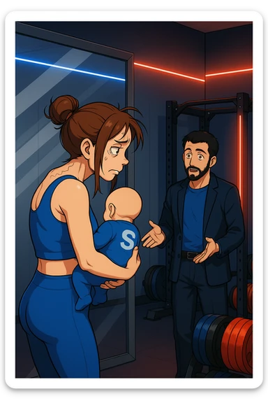 ispirati a questo stile di disegno e fai questa immagine in versione manga/webtoon a colori, il manga mostra la donna che si guarda alla specchio preoccupata di profilo con la postura sbagliata e incurvata, spalle chiuse e curve in avanti, con un neonato in braccio con una tutina azzurra e la scritta "S" sulla schiena, spina dorsale storta della donna in evidenza mentre al suo fianco anche l'uomo guarda la donna riflessa nello specchio e le spiega una cosa, ma non fare i fumetti, fai come se stessero parlando sticker