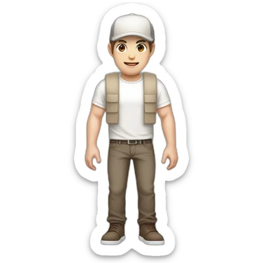 Pale skinned fit Man with dark brown hair in a beige cap, gray jeans, brown polo and white T-shirt keeping a pasted with tape white box into his hands sticker