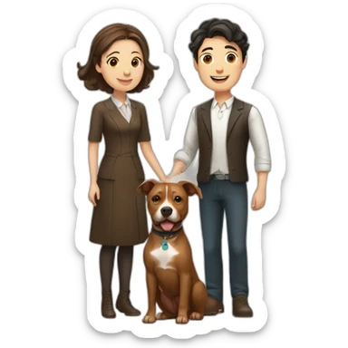 Young Jewish man and Chinese lady with brown Staffordshire terrier dog sticker