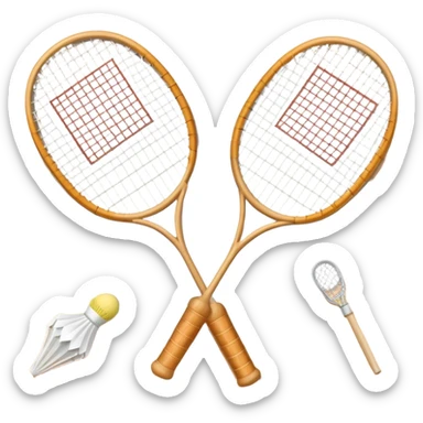 Two crossed badminton rackets with a shuttlecock resting in between, set against the faint outline of a badminton court. The image highlights the tools of the sport, with a subtle emphasis on the court's net and boundaries, symbolizing competition and skill. sticker