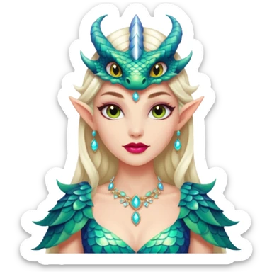 Am amazing blend of a half dragon woman with glittering jeweled scales covering her body. She has large almond shaped eyes, lush lips, and she wears a stunning luminescent gown. sticker
