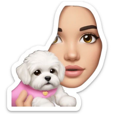 brunette Kendall Jenner with long hair holding on the hands white maltipoo wearing pink collar sticker