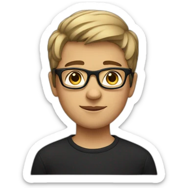 A short-haired boy in a black T-shirt and black-rimmed glasses sticker