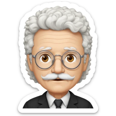 An elderly scientist emoji fluffy curly white hair, brown eyes behind black-framed glasses, a narrow pointed face, and a thin straight white mustache above his mouth. sticker