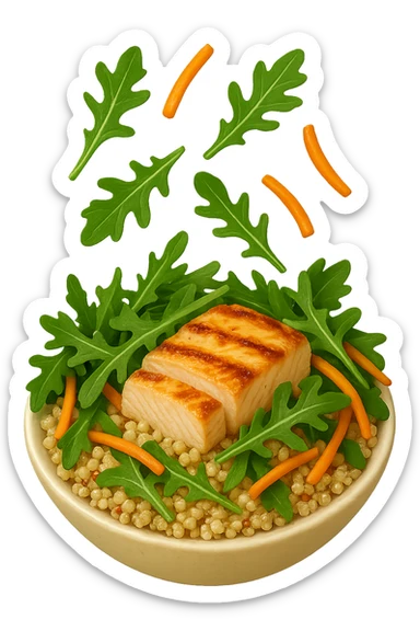 EMOJI STILE IPHONE DI Insalata di quinoa e pollo con rucola e carote che cade verticalmente dall'alto, iperrealistica 4k sticker