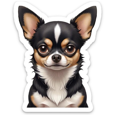 Cinematic Grumpy Black Tri Short Haired Chihuahua Portrait Emoji, Head tilted slightly with a deeply unimpressed expression, thick black tri-color fur with prominent white and tan patches, large, droopy dark eyes narrowed into an unamused glare, ears slightly drooping in exasperation, Simplified yet comically expressive features, highly detailed, glowing with a dry, sarcastic glow, high shine, effortlessly judgmental yet dignified, stylized with a touch of cynicism, bright but brooding, soft glowing outline, capturing the essence of an eternally unimpressed yet endearing pup, so lifelike it feels like it could sigh heavily at you in disdain at any moment! sticker