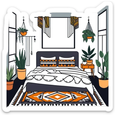 modern bohemian bedroom with hanging plants, layered patterned rugs, and lots of cozy blankets on bed sticker
