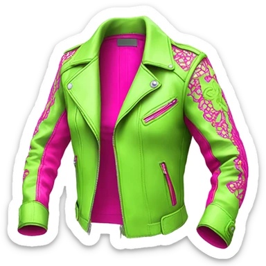 Realistic isolated side view of an open lime green fashion leather jacket with hot pink lace. sticker