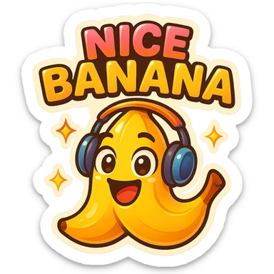 Funny cartoon banana, big happy smiling face, wearing tiny headphones, wide excited eyes, tiny sparkles around, text above: "NE BANANA", chibi style, Twitch emoji style, colorful, transparent background sticker