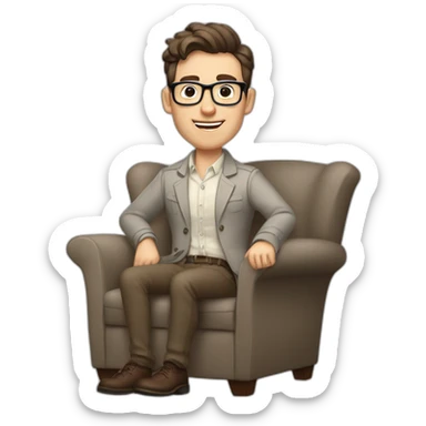 Joyful Pale skinned Fit Man With dark brown hair in gray jacket, beige office shirt, Brown pants and vintage glasses sitting In a soft chair. His thrumbs up sticker