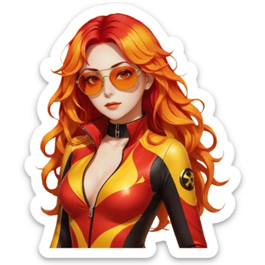 Beautiful gorgeous anime lady with beautiful fiery long warm-red-orange-yellow-gradient-wavy-special-hair, fashion aesthetic, slim red-tinted-sunglasses, accessories, gold jewelries, red-and-yellow sunny-pattern-eyes, black latex-suit, biker-woman, cool, badass, gold-sun-shaped-earrings sticker