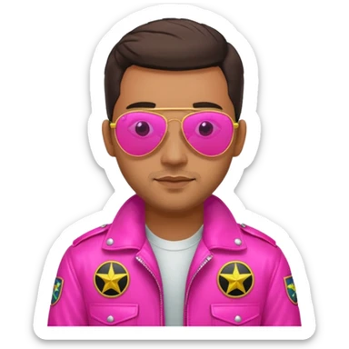 1980s cool man with stubble wearing reflective neon pink aviator sunglasses and a pilot topgun jacket sticker
