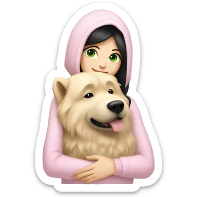 pretty woman with pale skin, very long black hair and green eyes and light pink outfit hugging a beige fluffy chow chow dog sticker