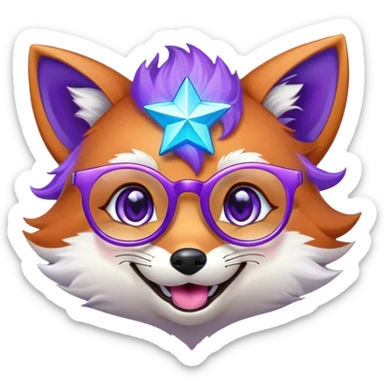 A magical fox with shimmering purple and blue fur, a glowing tail, a silver star on its forehead, and round glasses, laughing so hard that tears are streaming from its eyes sticker