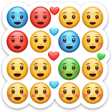 Generate a set of colorful, high-resolution emojis representing emotions like happiness, sadness, anger, love, surprise, and excitement. The emojis should have a glossy 3D style with smooth gradients, cute expressions, and clear facial features. Transparent background."
 sticker