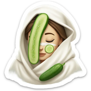 Girl with freackles Brown hair white skin and blue eyes wears Green colored texture skin care mask all over her face while She relaxes she puts on two mini round piece of cucumber on her closed eyes In a white Robe sticker