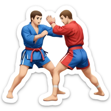 An icon symbolizing Sambo, featuring two fighters in blue and red kimonos with shorts. One executes a powerful throw, while the other attempts a defensive grab. The fighters are engaged in a grapple, using joint locks and sweeps. The background features a wrestling mat/ sticker