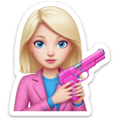 white girl with blue eyes, hand with pink nails holding a pink gun sticker