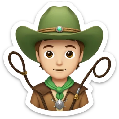 Cowboy character wearing a green hat with a lasso sticker