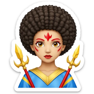 Emoji metisse femboy mais plus masculin avec drapeau ukrainien arriere plan, un afro, sourcils rouge, fourche trident, et eclairs et sur fond bleu clair irrisé. Peau lightskin, yeux marron et cheveux marron bouclés mais en mode afro pixi cut sticker