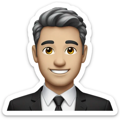 Portrait of an adult smiling man, pale light skin, short bold black-gray ombre hair, black eyes, wearing a black office suit and a white collared shirt underneath. sticker