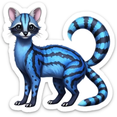 Feral Rare Fantasy iridescent scaly evil spooky vibrant dark shady shaded detailed deep-dark-cobalt-blue-gradients-colored colorful Genet-Trico-Civet-Cacomistle-Margay-species by LiLaiRa, with dark-blackish points, white belly, random markings, tufted tail, tufted ears, full body sticker