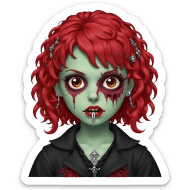 zombie girl red hair cacheado médio e franja, com piercings na boca, nariz e sobrancelha,  roupa gótica  sticker