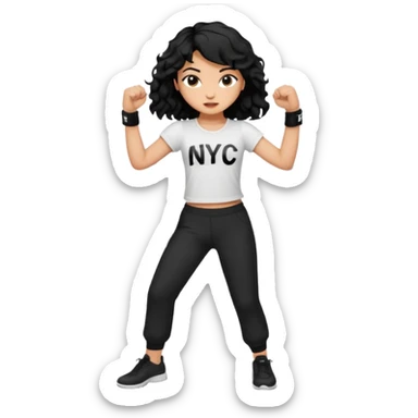 Make a girl with black wavy hair wearing a white top that says NYC in black writing and just black pants and make her punch sticker