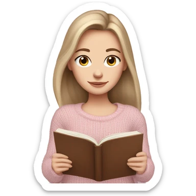 Pretty blue eyed white girl with brown hair with light pink sweater reading cozy sticker
