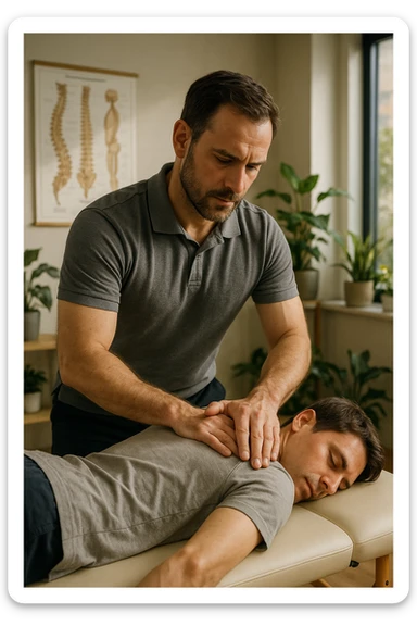 A realistic, cinematic illustration of a professional osteopath in his late 30s, wearing a fitted polo shirt in a neutral color, performing gentle manual manipulations on a patient to improve posture. The osteopath uses precise hand placement along the patient's upper back and cervical spine while the patient lies on a comfortable treatment table in a bright, modern clinic. Anatomical posters showing the spine and posture alignment are on the wall, and the room has warm, natural lighting with plants for a calming atmosphere. The scene emphasizes hands-on osteopathic care to restore body alignment, spinal mobility, and posture, showcasing trust, professionalism, and holistic care sticker